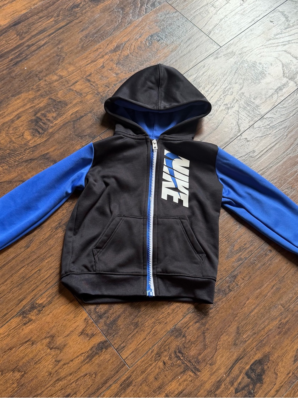 Nike Black Hoodie with Blue Sleeves and White Logo